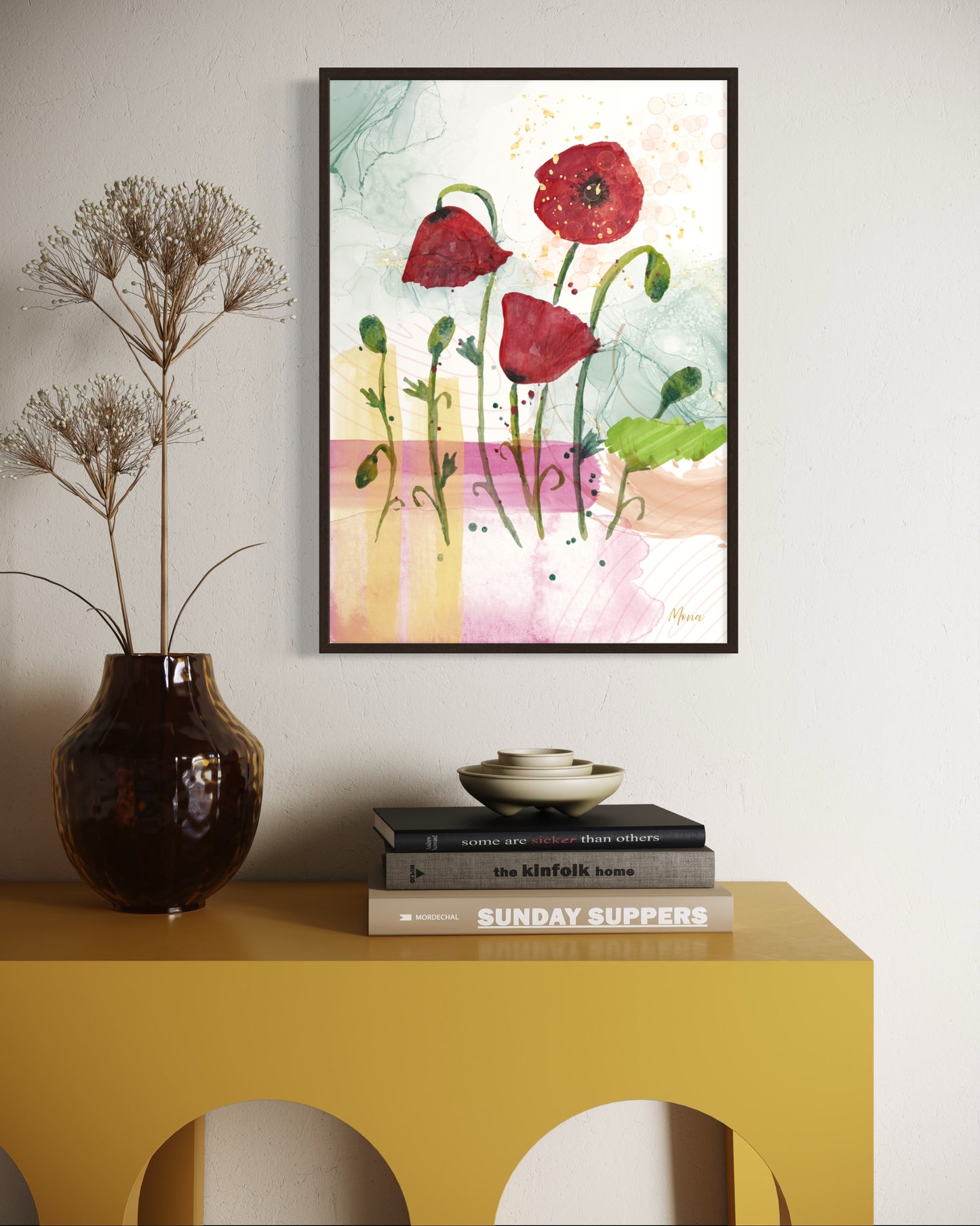 Vibrant Red Poppies Framed Poster – Watercolour Art on Abstract Background
