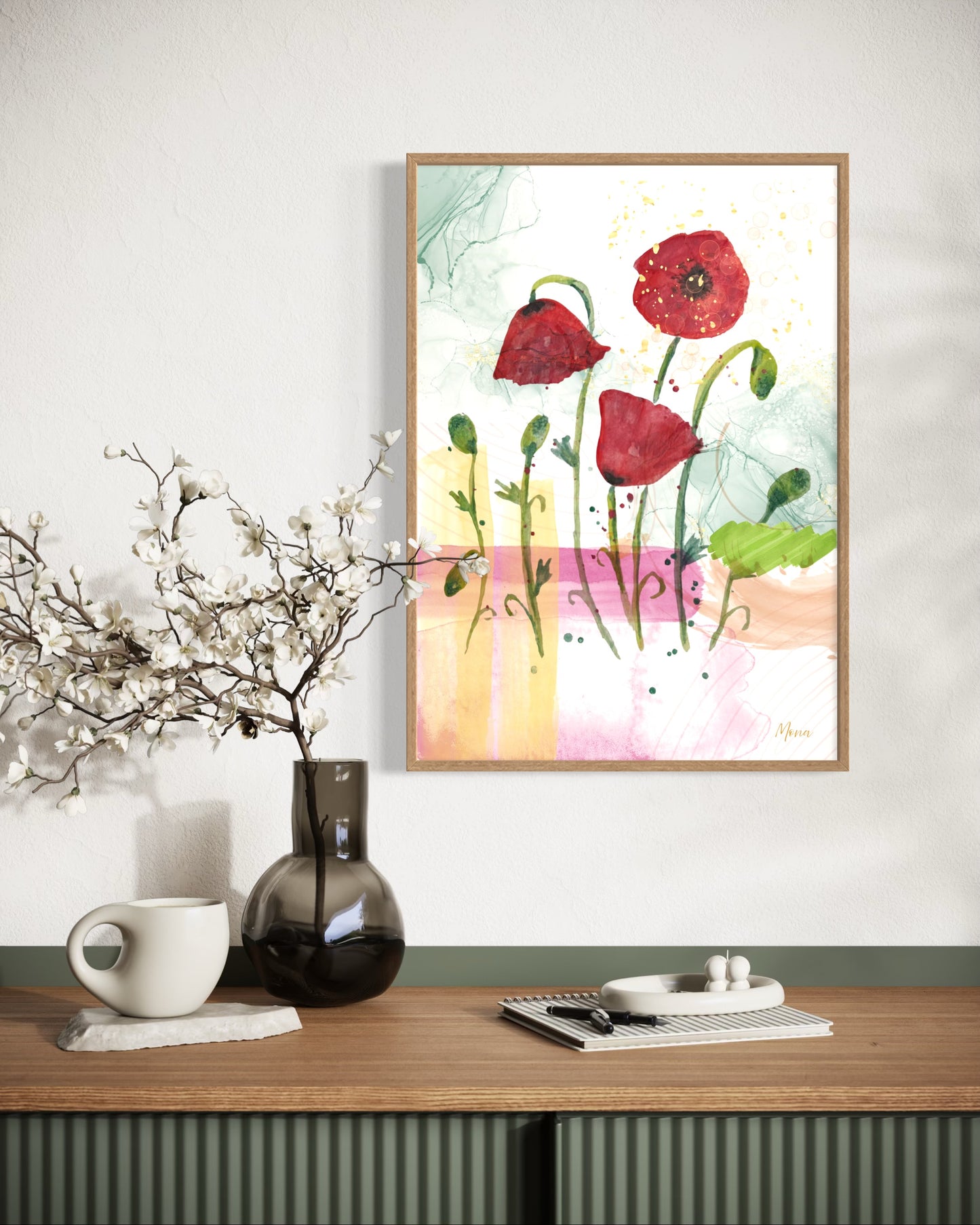 Vibrant Red Poppies Framed Poster – Watercolour Art on Abstract Background