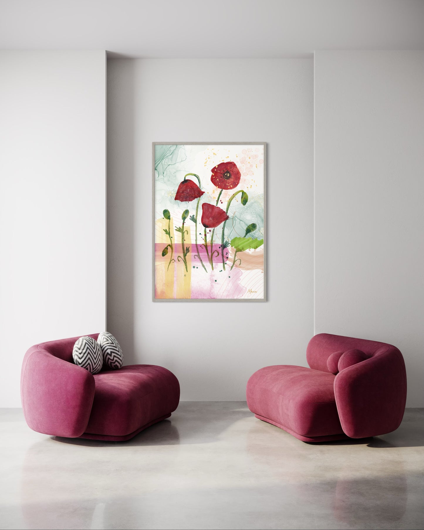 Vibrant Red Poppies Framed Poster – Watercolour Art on Abstract Background