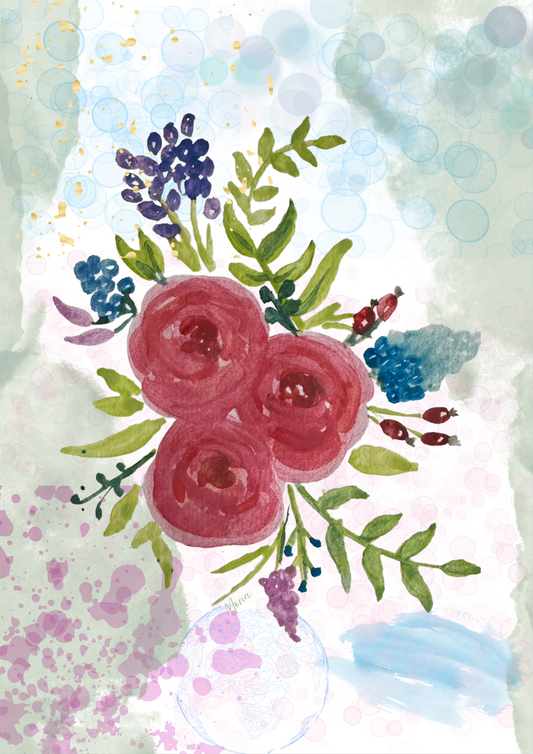 Romantic Floral Wall Art Print - Watercolour Rose & Botanical Bouquet - Digital Download