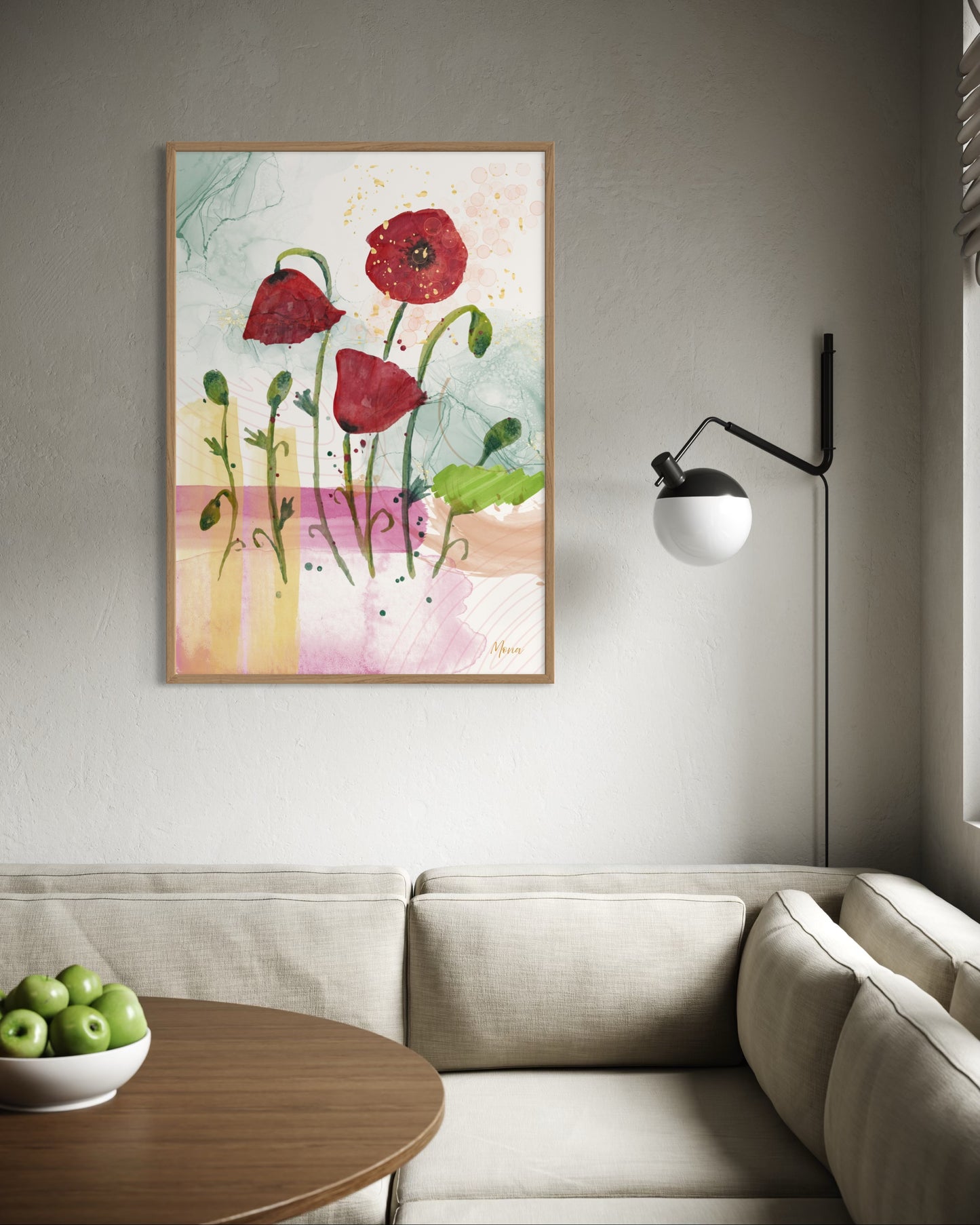 Vibrant Red Poppies Framed Poster – Watercolour Art on Abstract Background