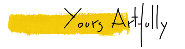 Handwritten text 'Yours Artfully' with a yellow brush stroke on a white background